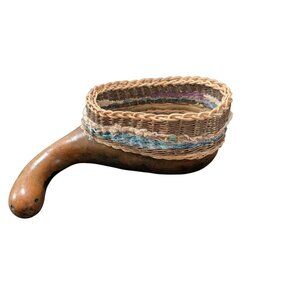 Handwoven Gourd Basket Natural Fibers & Bead Accents - 12"x6" Rustic Primitive